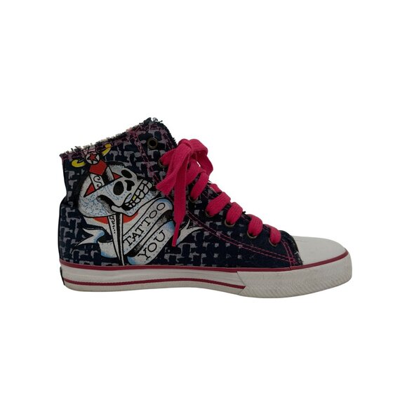 Vintage Y2K Ed Hardy x Christian Audigier Tattoo Print Frayed High Top Sneakers - Picture 8 of 16